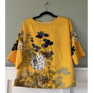 Soft Surroundings Blouse Yellow Floral Tahitian‎ Kimono 3/4 Sleeve Pullover PS